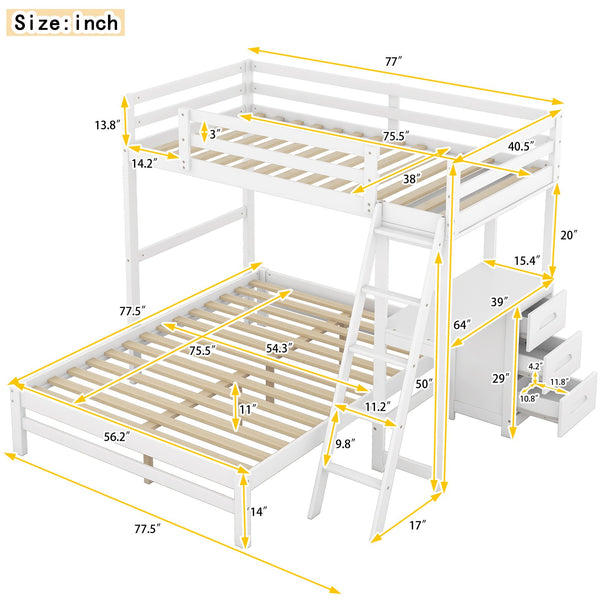 English Elm Twin Twin over Full Bunk Bed with Built-In Desk, Three Drawers, Solid Pine Frame and Convertible Splitability White GX000709AAK