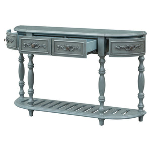 English Elm U_style Curved Console Table with Roman Legs Four Drawers Open Shelf Entryway Accent Antique Blue N711P186862C