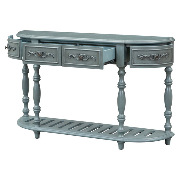 English Elm U_style Curved Console Table with Roman Legs Four Drawers Open Shelf Entryway Accent Antique Blue N711P186862C