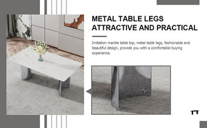 English Elm Modern minimalist dining table with imitation marble glass top and metal legs for elegant gatherings, 77" Silver,White W1151S03386