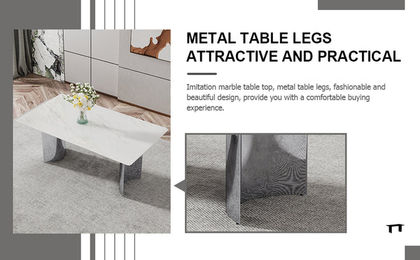 English Elm Modern minimalist dining table with imitation marble glass top and metal legs for elegant gatherings, 77" Silver,White W1151S03386