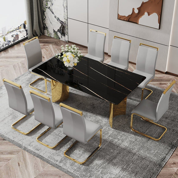 English Elm Modern Minimalist Dining Table With Black Glass Top & Gold Metal Legs - Versatile For Any Space W1151S04321