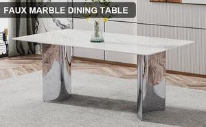 English Elm Modern minimalist dining table with imitation marble glass top and metal legs for elegant gatherings, 77" Silver,White W1151S03386