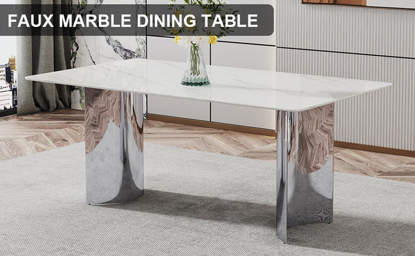 English Elm Modern Minimalist Dining Table With White Imitation Marble Top & Silver Metal Legs - Versatile Design W1151S00386