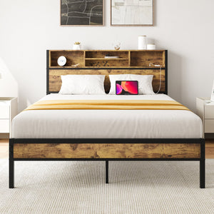 English Elm Full Full Size Bed Frame with Storage Headboard, USB Charging, Bookcase Shelves, Industrial Retro Design W840127763