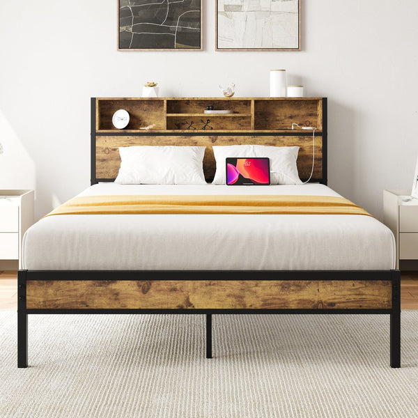 English Elm Full Full Size Bed Frame with Storage Headboard, USB Charging, Bookcase Shelves, Industrial Retro Design W840127763