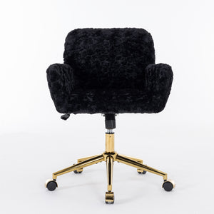 English Elm A&A Plush Rabbit Hair Office Chair with Golden Metal Base, Oversized Seat, Reclining Swivel Comfort Black W1143125531