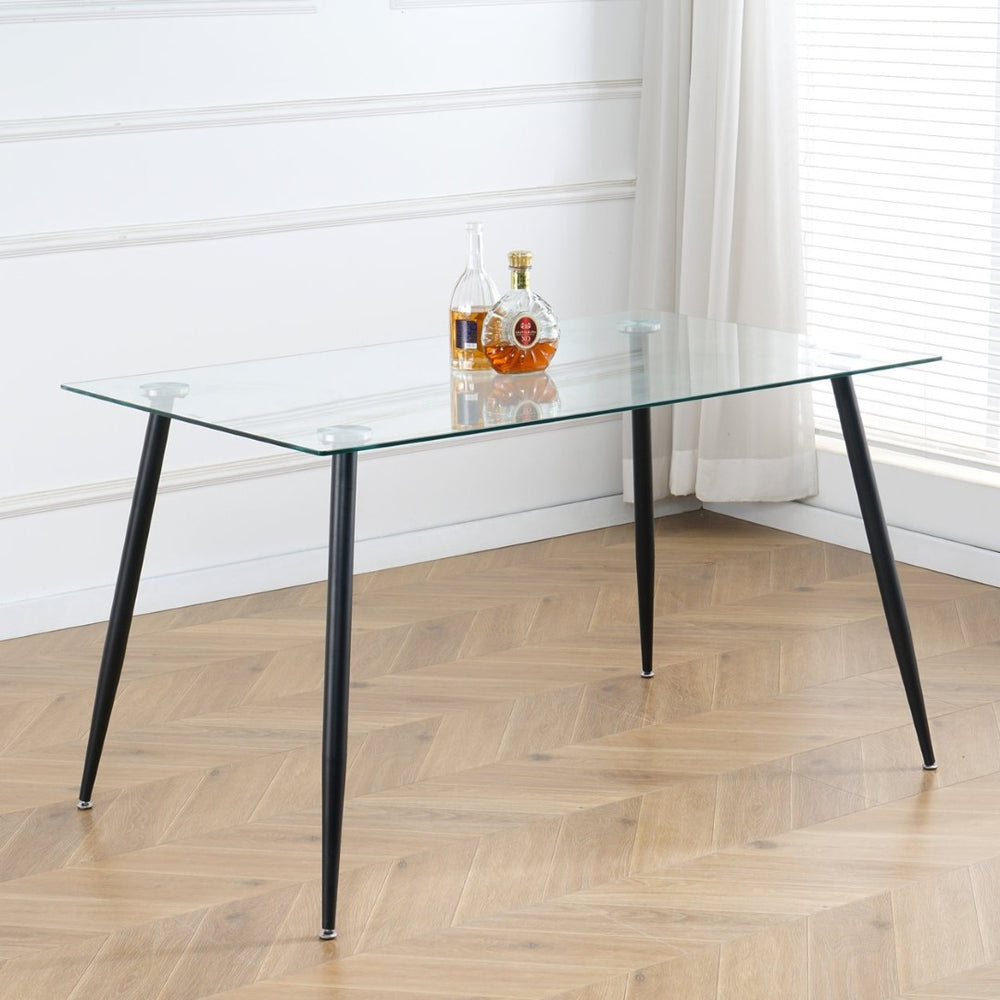English Elm Modern Rectangular Tempered Glass Dining Table with Matte Black Steel Legs Seats Four W210S00028