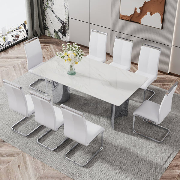 English Elm Modern Minimalist Dining Table With White Imitation Marble Top & Silver Metal Legs - Versatile Design W1151S00386