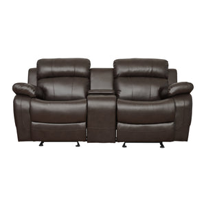 English Elm Double Double Glider Reclining Love Seat with Center Console, Brown Faux Leather, Cupholders, Contemporary Comfort B011133253