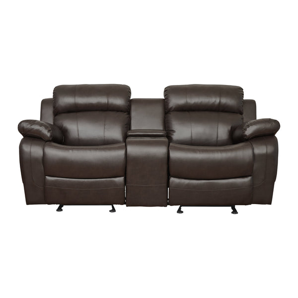 English Elm Double Double Glider Reclining Love Seat with Center Console, Brown Faux Leather, Cupholders, Contemporary Comfort B011133253