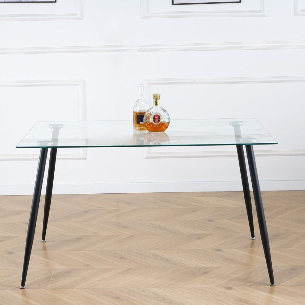 English Elm Modern Rectangular Tempered Glass Dining Table with Matte Black Steel Legs Seats Four W210S00028