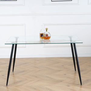 English Elm Modern Rectangular Tempered Glass Dining Table with Matte Black Steel Legs Seats Four W210S00028