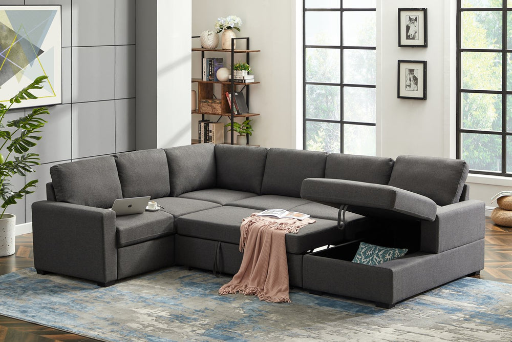 English Elm Ketterman Upholstered Sectional Sofa with Storage Chaise, Pull-Out Loveseat, Eight-Way Hand-Tied Springs Dark Gray B102S00017