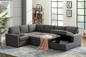 English Elm Ketterman Upholstered Sectional Sofa with Storage Chaise, Pull-Out Loveseat, Eight-Way Hand-Tied Springs Dark Gray B102S00017