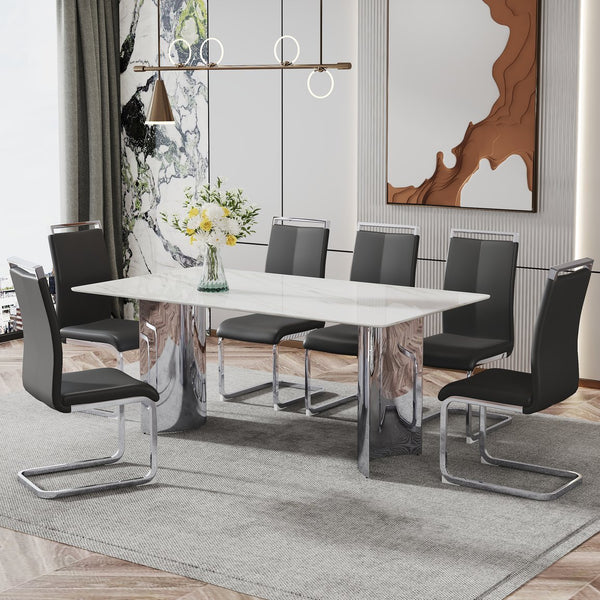 English Elm Modern Minimalist Dining Table With White Imitation Marble Top & Silver Metal Legs - Versatile Design W1151S00386