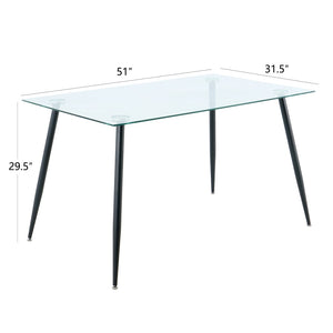 English Elm Modern Rectangular Tempered Glass Dining Table with Matte Black Steel Legs Seats Four W210S00028