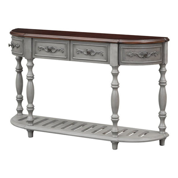 English Elm U_style Curved Console Table with Roman Legs Four Drawers Open Shelf Entryway Accent Antique Grey N711P186862E