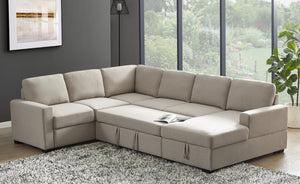 English Elm Ketterman Upholstered Sectional Sofa with Storage Chaise, Pull-Out Loveseat, Eight-Way Hand-Tied Springs Beige B102S00018