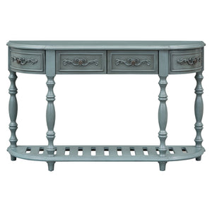 English Elm U_style Curved Console Table with Roman Legs Four Drawers Open Shelf Entryway Accent Antique Blue N711P186862C