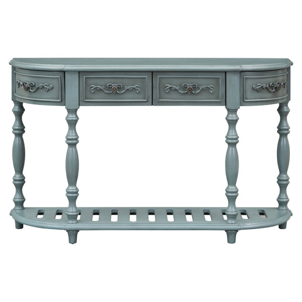 English Elm U_style Curved Console Table with Roman Legs Four Drawers Open Shelf Entryway Accent Antique Blue N711P186862C