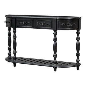 English Elm U_style Curved Console Table with Roman Legs Four Drawers Open Shelf Entryway Accent Black N711P186862B