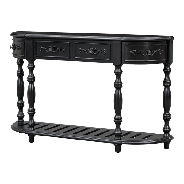 English Elm U_style Curved Console Table with Roman Legs Four Drawers Open Shelf Entryway Accent Black N711P186862B