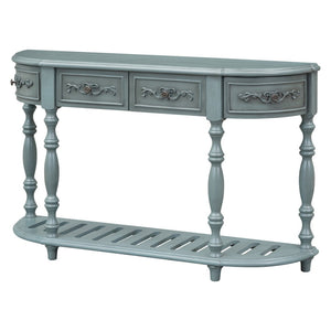 English Elm U_style Curved Console Table with Roman Legs Four Drawers Open Shelf Entryway Accent Antique Blue N711P186862C