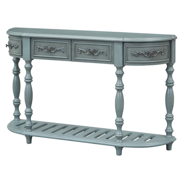 English Elm U_style Curved Console Table with Roman Legs Four Drawers Open Shelf Entryway Accent Antique Blue N711P186862C