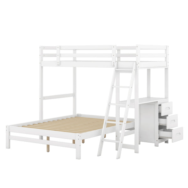 English Elm Twin Twin over Full Bunk Bed with Built-In Desk, Three Drawers, Solid Pine Frame and Convertible Splitability White GX000709AAK