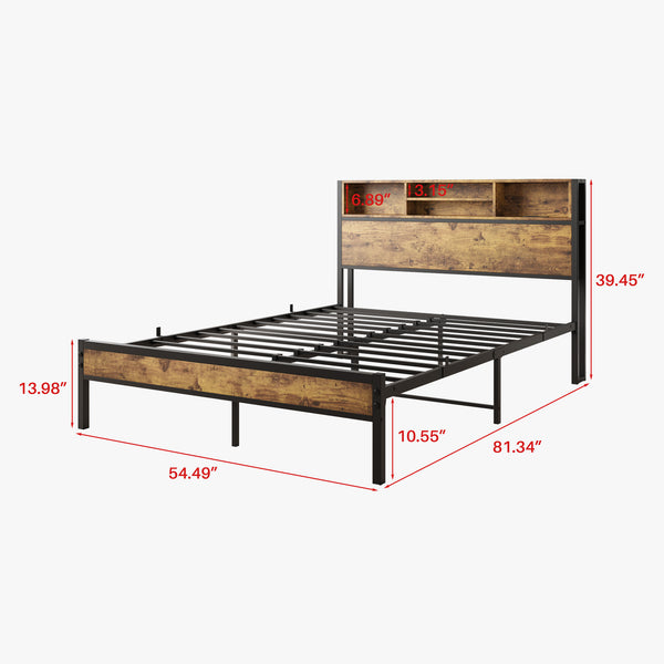 English Elm Full Full Size Bed Frame with Storage Headboard, USB Charging, Bookcase Shelves, Industrial Retro Design W840127763