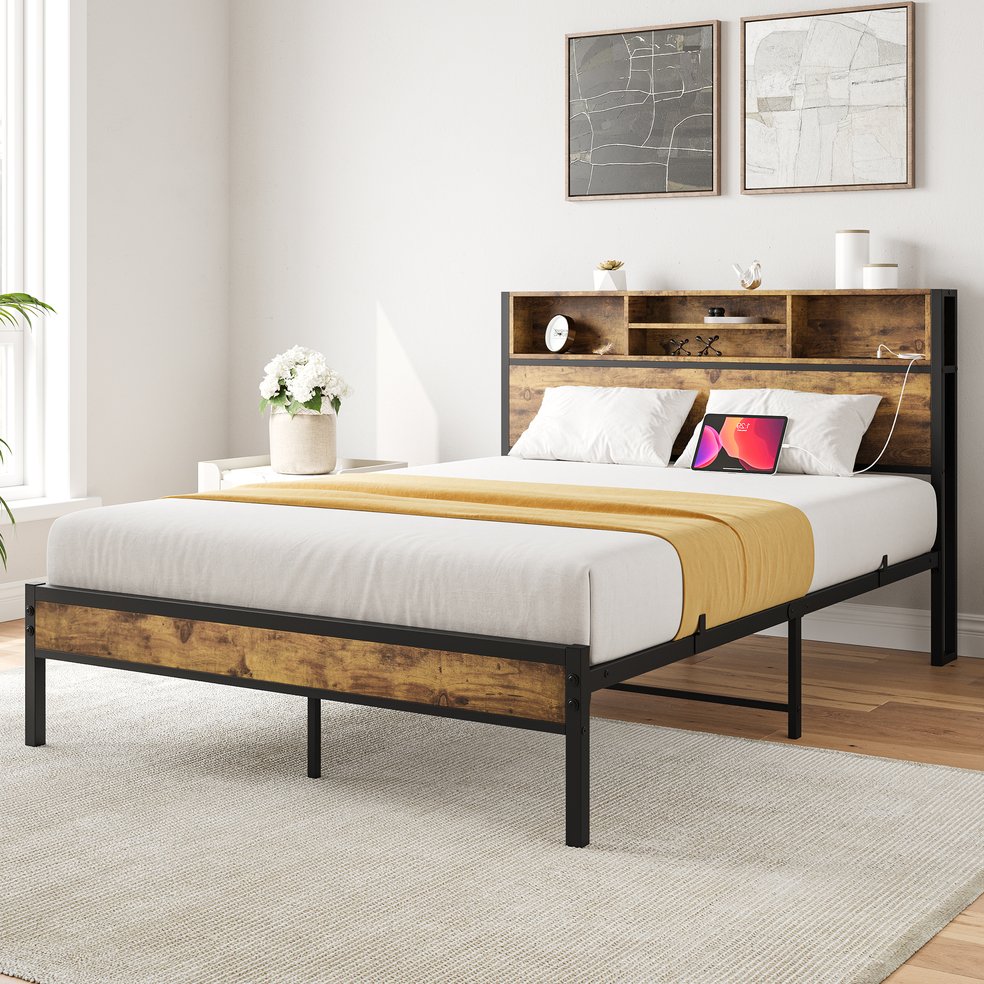 English Elm Full Full Size Bed Frame with Storage Headboard, USB Charging, Bookcase Shelves, Industrial Retro Design W840127763