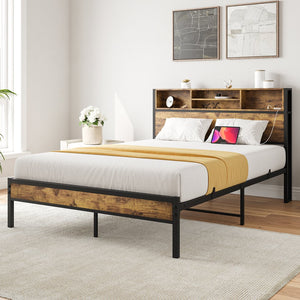 English Elm Full Full Size Bed Frame with Storage Headboard, USB Charging, Bookcase Shelves, Industrial Retro Design W840127763