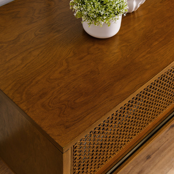 English Elm 59 Mid Century Rattan TV Stand 59" 65-inch Ready Media Console with Solid Wood Legs, Smooth Slides and Natural Birch Finish Brown Ebony W1801115775