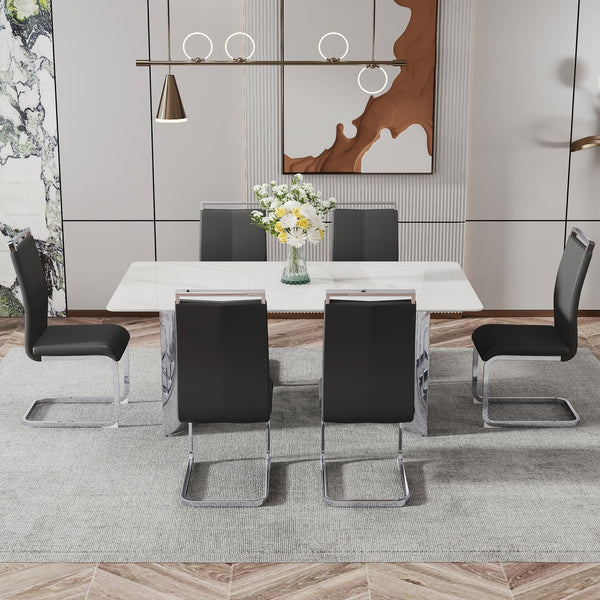 English Elm Modern Minimalist Dining Table With White Imitation Marble Top & Silver Metal Legs - Versatile Design W1151S00386
