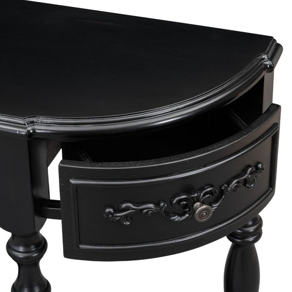 English Elm U_style Curved Console Table with Roman Legs Four Drawers Open Shelf Entryway Accent Black N711P186862B