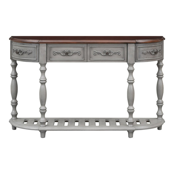 English Elm U_style Curved Console Table with Roman Legs Four Drawers Open Shelf Entryway Accent Antique Grey N711P186862E