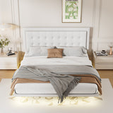 English Elm Queen Size Floating Bed Frame With Motion Activated Night Lights,Modern Pu Upholstered Button Tufted Platform Bed Frame,White