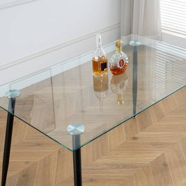 English Elm Modern Rectangular Tempered Glass Dining Table with Matte Black Steel Legs Seats Four W210S00028