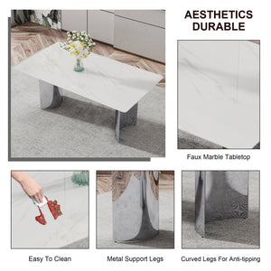 English Elm Modern Minimalist Dining Table With White Imitation Marble Top & Silver Metal Legs - Versatile Design W1151S00386