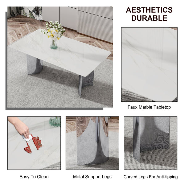 English Elm Modern Minimalist Dining Table With White Imitation Marble Top & Silver Metal Legs - Versatile Design W1151S00386