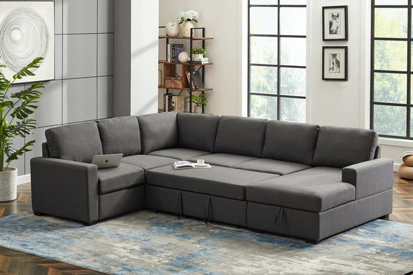 English Elm Ketterman Upholstered Sectional Sofa with Storage Chaise, Pull-Out Loveseat, Eight-Way Hand-Tied Springs Dark Gray B102S00017