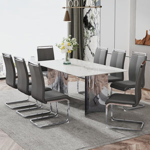 English Elm Modern Minimalist Dining Table With White Imitation Marble Top & Silver Metal Legs - Versatile Design W1151S00386