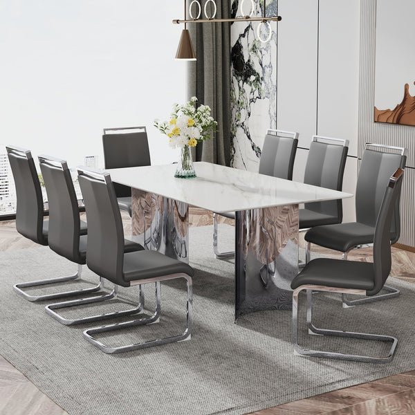 English Elm Modern Minimalist Dining Table With White Imitation Marble Top & Silver Metal Legs - Versatile Design W1151S00386