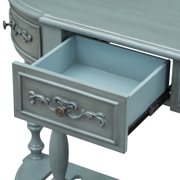 English Elm U_style Curved Console Table with Roman Legs Four Drawers Open Shelf Entryway Accent Antique Blue N711P186862C