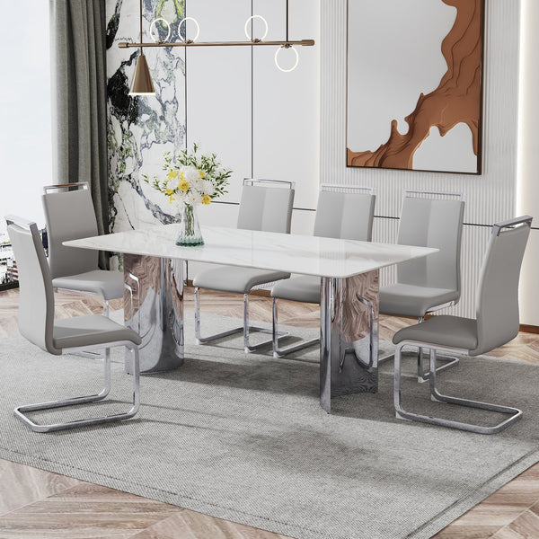 English Elm Modern Minimalist Dining Table With White Imitation Marble Top & Silver Metal Legs - Versatile Design W1151S00386