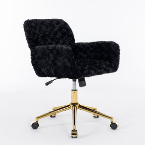 English Elm A&A Plush Rabbit Hair Office Chair with Golden Metal Base, Oversized Seat, Reclining Swivel Comfort Black W1143125531