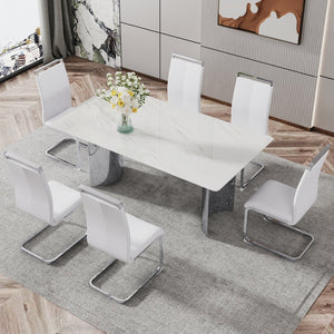 English Elm Modern Minimalist Dining Table With White Imitation Marble Top & Silver Metal Legs - Versatile Design W1151S00386