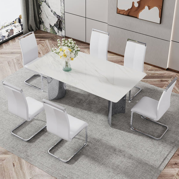 English Elm Modern Minimalist Dining Table With White Imitation Marble Top & Silver Metal Legs - Versatile Design W1151S00386