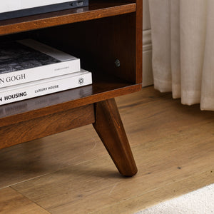 English Elm 59 Mid Century Rattan TV Stand 59" 65-inch Ready Media Console with Solid Wood Legs, Smooth Slides and Natural Birch Finish Walnut W1801115776